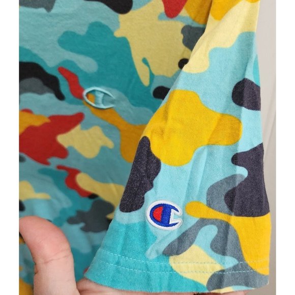 Champion Abstract Blue Camouflage AOP Logo Crewneck Short Sleeve T Shirt Size M - Picture 6 of 10